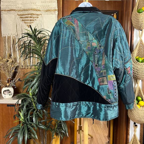 Vintage 90s Velvet Abstract Jacket XL | Teal Green Quilted Art Deco Statement - Picture 3 of 14